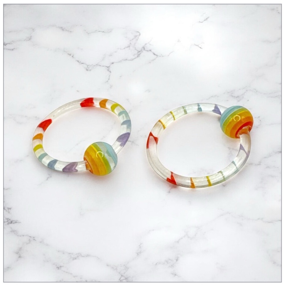 Pr 14g 1/2 Rainbow Striped Acrylic Captive Bead Rings - Body Piercing Jewelry